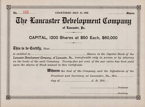 Lancaster Development Company stock certificate c1902 (Pennsylvania)