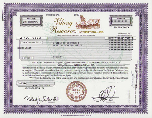 Viking Resources International stock certificate 2001 (Delaware)