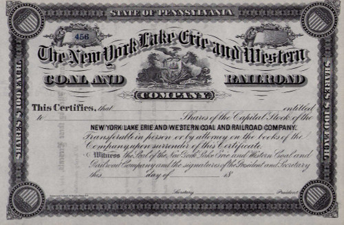 New York Lake Erie and Western Coal and Railroad stock certificate c1882 (Pennsylvania)