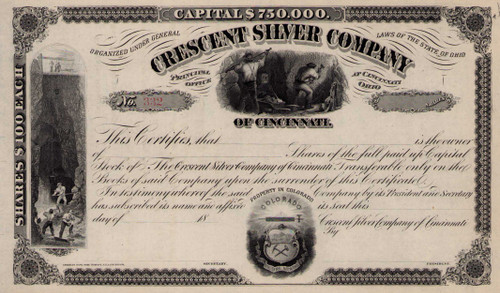 Crescent Silver Company stock certificate c1872 (Ohio - Colorado)