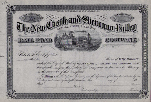 New Castle and Shenango Valley Railroad stock certificate c1886 (Pennsylvania)