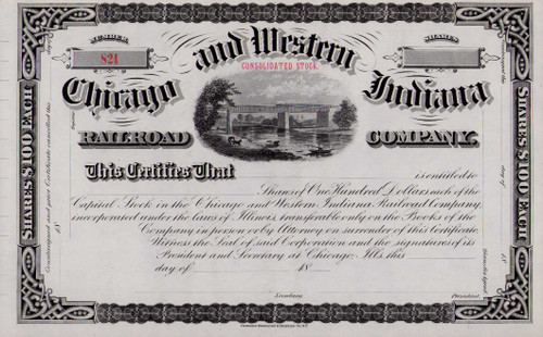 Chicago and Western Indiana Railroad stock certificate c1879 (Illinois) 