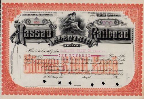 Nassau Electric Railroad Company stock certificate c1896 (New York) cancelled