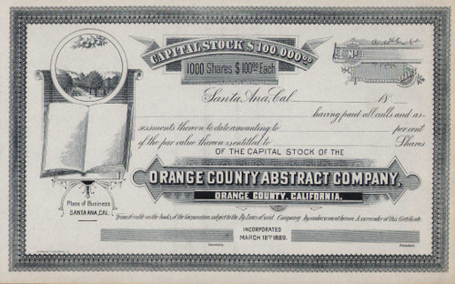 Orange County Abstract Company Stock Certificate C1889 (California)