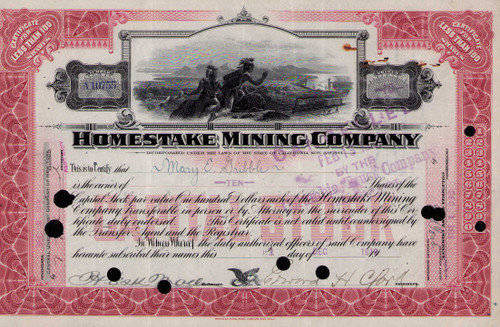 Homestake Mining Company stock certificate 1919 (South Dakota)