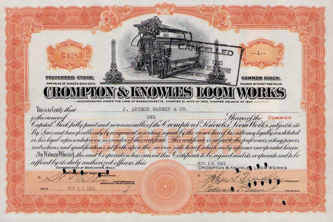Crompton Knowles Loom Works Stock Certificate 1945 Massachusetts