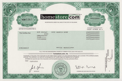 Homestore.com Stock Certificate 2002 (California) - dot com company