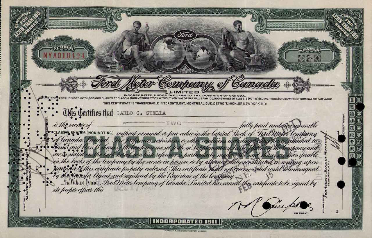 Ford Motor Company of Canada stock certificate 1930 (Canada)