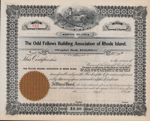 Odd Fellows Building Association of Rhode Island stock certificate c1903 (East Providence) 