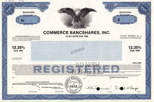 Commerce Bancshares stock-sized bond certificate 1983 (Missouri) 