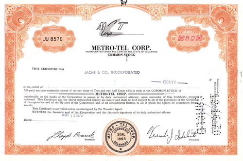 Metro-Tel Corp stock certificate 1969-1970 (Delaware) 