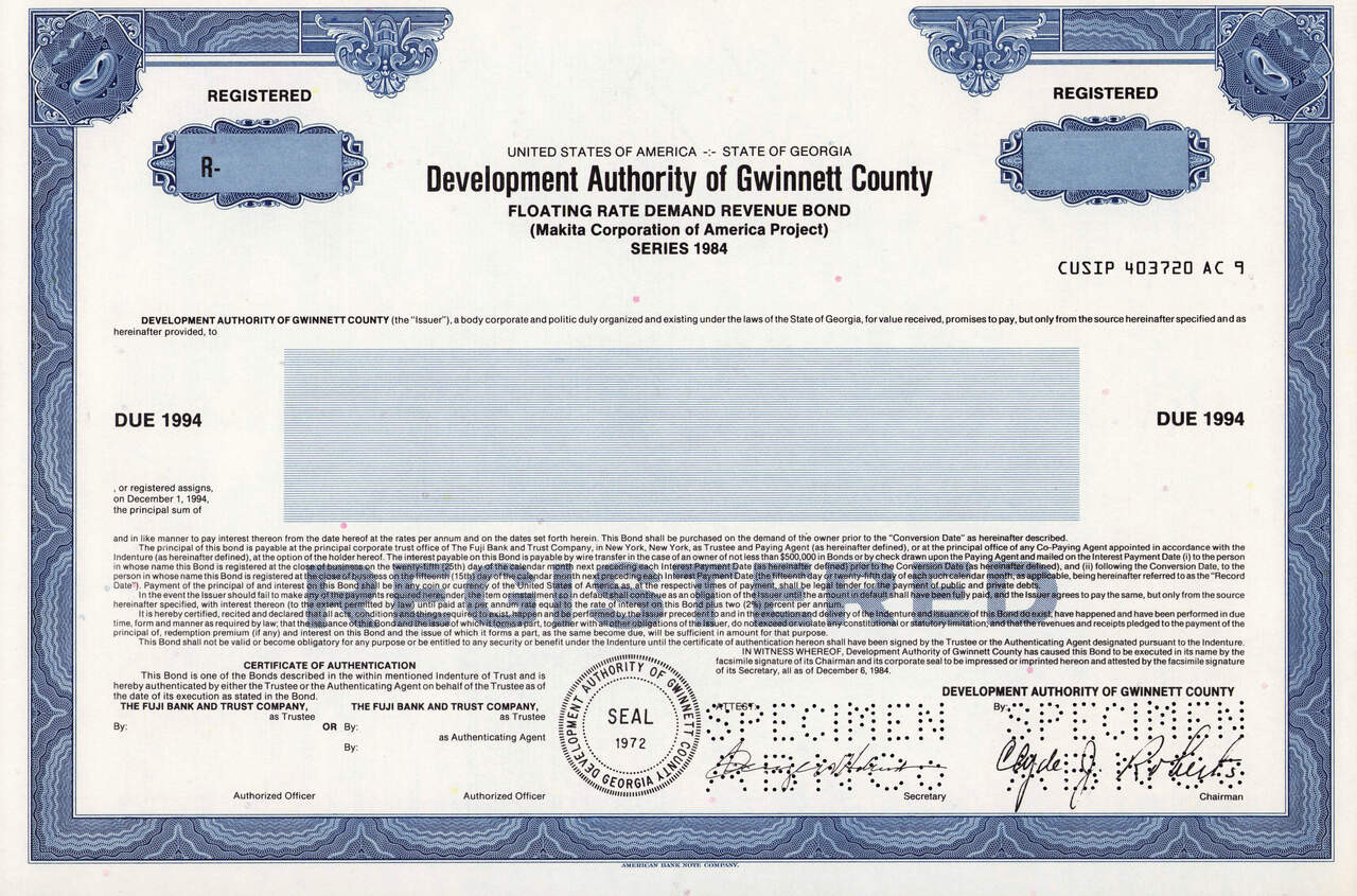 Development Authority of Gwinnett County bond specimen c1984 (Georgia)