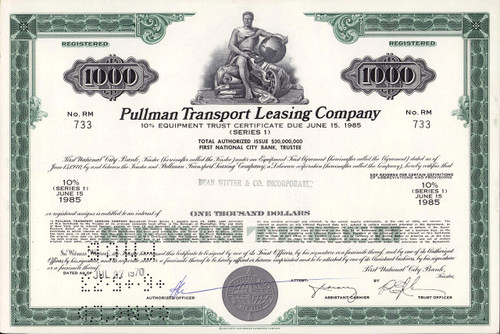 Pullman Transport Leasing $10,000 bond certificate 1970 (Illinois) 
