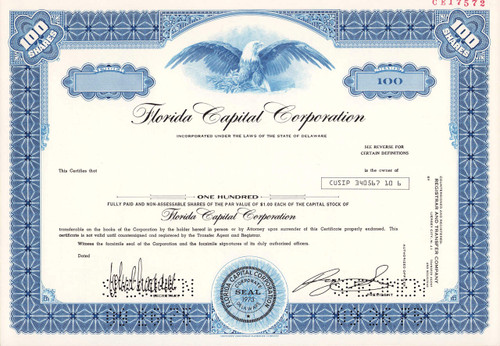 Florida Capital Corporation specimen stock certificate c1975 (Florida) 
