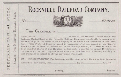Rockville Railroad Company stock certificate c1863 (Connecticut) 