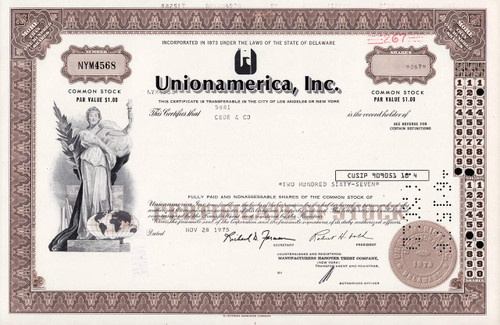 Unionamerica Inc stock certificate 1975 (California) 