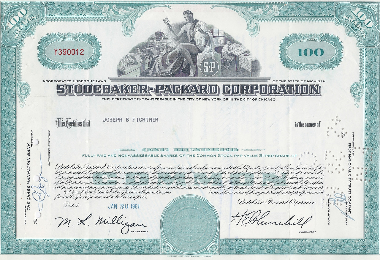 ORIGINAL 1960'S STUDEBAKER-PACKARD STOCK CERTIFICATE 