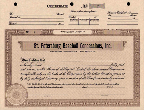 St. Petersburg Baseball Concessions stock certificate c1984 (Florida) 