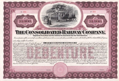 Consolidated Railway $10,000 gold bond certificate c1910 (Connecticut) 