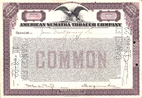 American Sumatra Tobacco stock certificate 1922 (Georgia) 