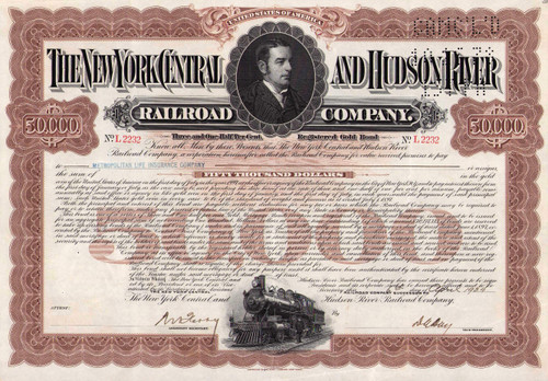 New York Central and Hudson River Railroad $50,000 gold bond certificate 1934 (New York)