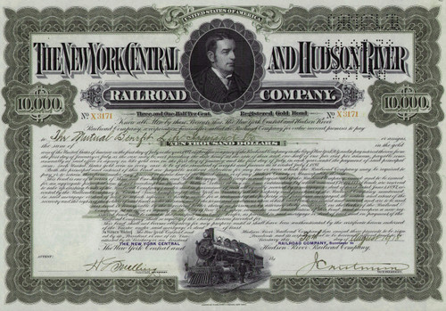 New York Central and Hudson River Railroad $10,000 gold bond certificate 1920s (New York)