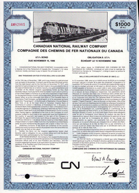 Canadian National Railway $1000 bond 1976 (Canada) 