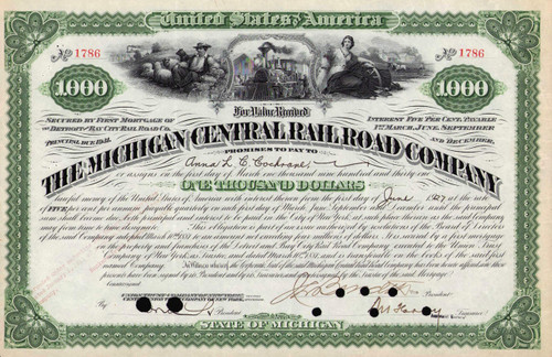 Michigan Central Railroad $1000 bond 1927 (Michigan)