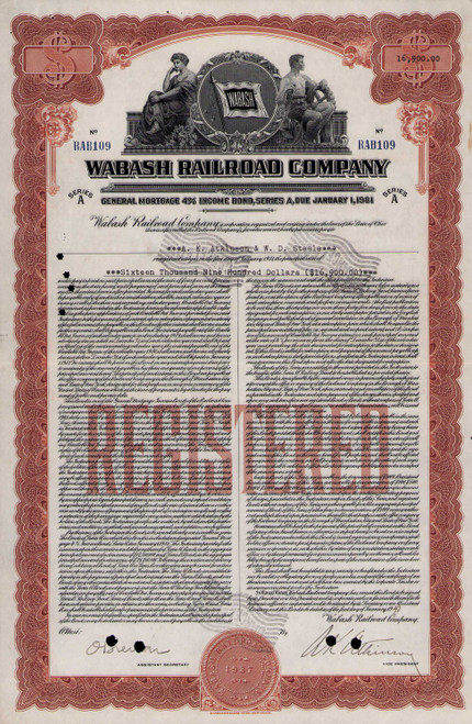 Wabash Railroad series A bond 1940s (Indiana)
