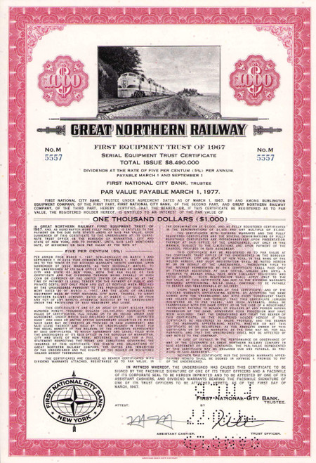 Great Northern Railway $1000 bond 1967 (Minnesota) red