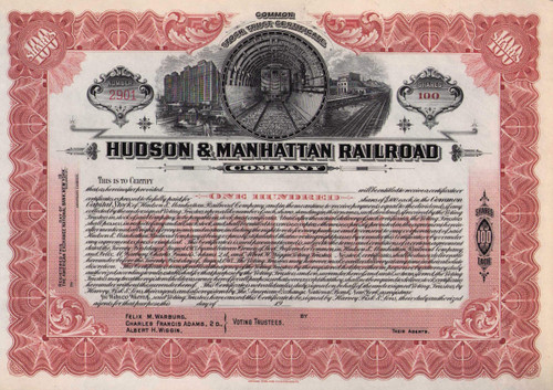 Hudson & Manhattan Railroad stock certificate c1908 (New York) - rust color 