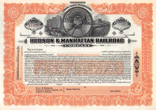 Hudson & Manhattan Railroad stock certificate c1908 (New York) - orange color 