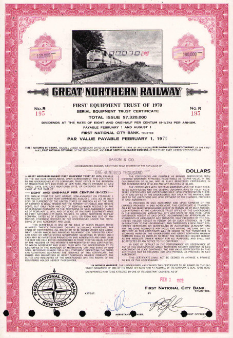 Great Northern Railway bond certificate 1970s (Minnesota)