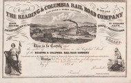 Reading and Columbia Railroad stock certificate c1857 (Pennsylvania)