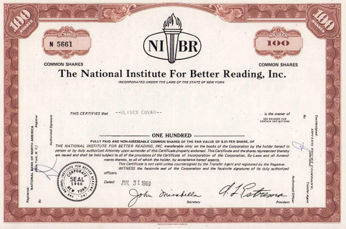 National Institute for Better Reading stock certificate 1969 (New York) - speed reading