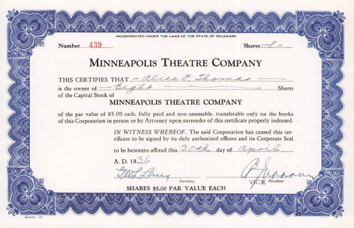 Minneapolis Theatre Company stock certificate 1936 (Minnesota)