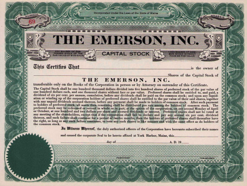The Emerson (hotel) stock certificate c1916 (York Beach Maine)