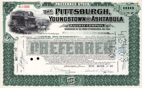 Pittsburgh Youngstown and Ashtabula Railway stock certificate 1962 (Pennsylvania) green