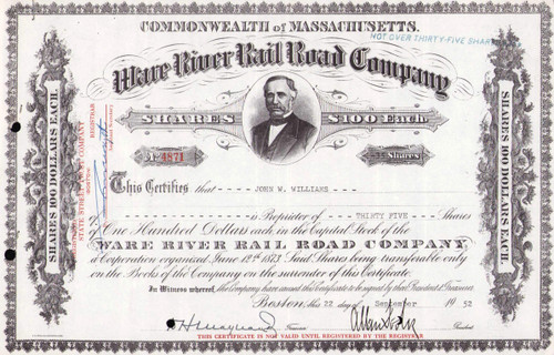 Ware River Railroad stock certificate 1952 (Massachusetts)