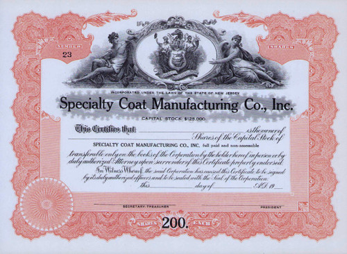 Specialty Coat Manufacturing stock certificate c1910s (New Jersey)