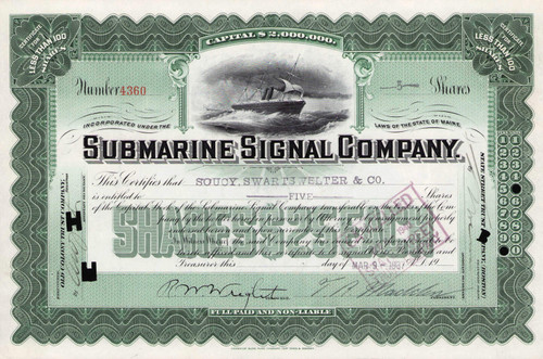 Submarine Signal Company stock certificate 1937 (Maine)