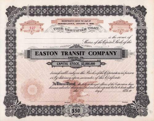 Easton Transit Company stock certificate c1908 (Pennsylvania)