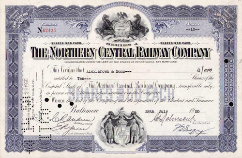 Northern Central Railway stock certificate 1950 (Pennsylvania-Maryland)