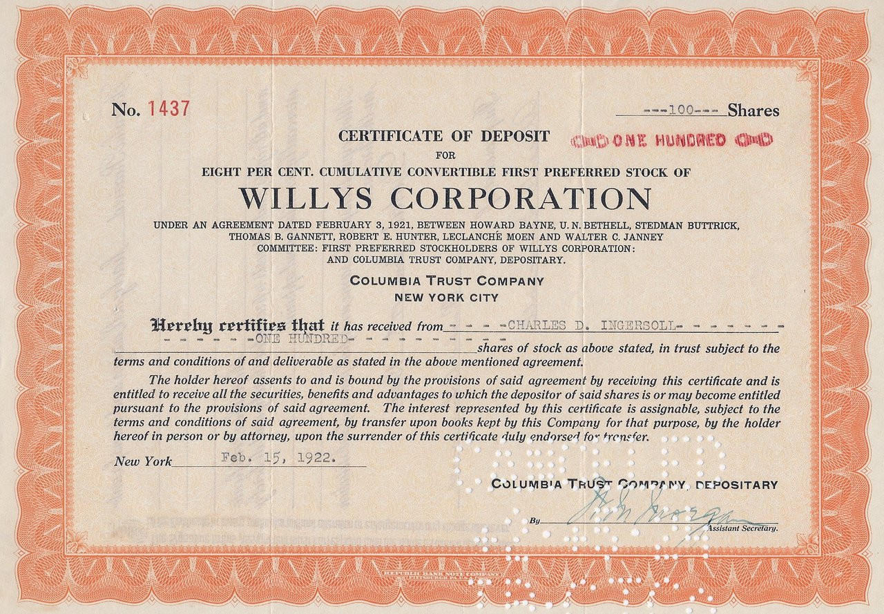 Willys Corporation Cd For Stock 1921