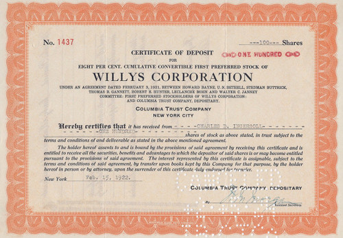Willys Certificate of Deposit 1922