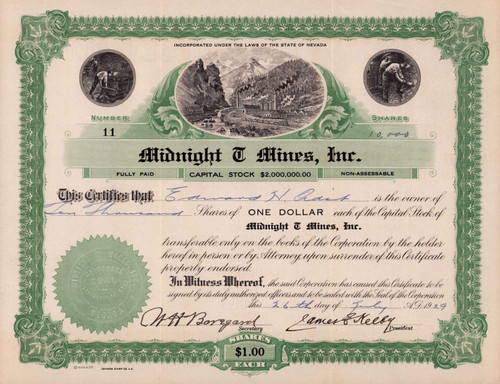 Midnight T Mines stock certificate 1929 (Nevada)