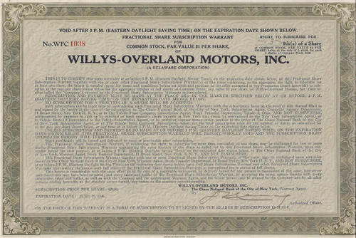 Willys-Overland Motors Fractional Share Subscription Warrant 1945