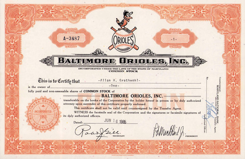 Baltimore Orioles Inc stock certificate issued 1965 (Maryland)