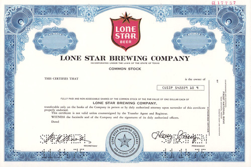 Lone Star Brewing Company specimen stock certificate c1975 (Texas)