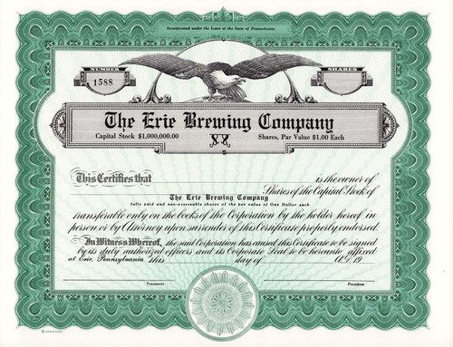 Erie Brewing Company stock certificate c1920 (Pennsylvania)
